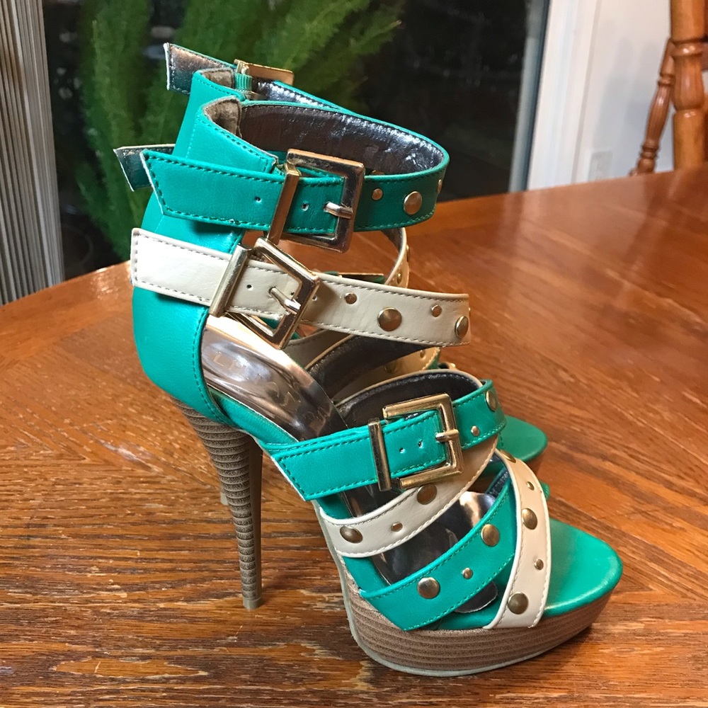 Gorgeous Tan, Teal & Gold Studded Double Ankle Strap High Heels! - Picture 14 of 16